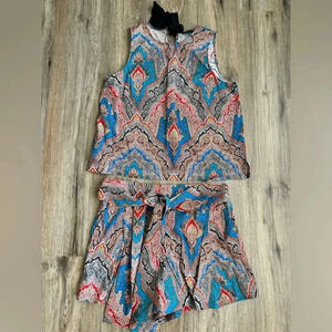 J. Crew blue red Paisley printed tie neck tank top and shorts costume Size L